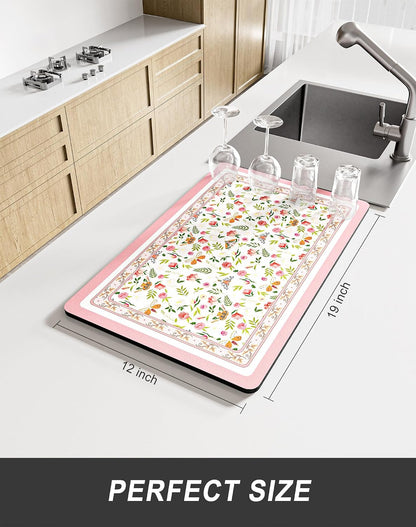 Dish Drying Mat for Kitchen Counter, 12 x 19" Cute Flower Theme Super Absorbent Draining Pad, Non-Slip Heat Resistant Coffee Bar Mats for Coffee Machine Station Accessories, Pink Dish Rack Pad