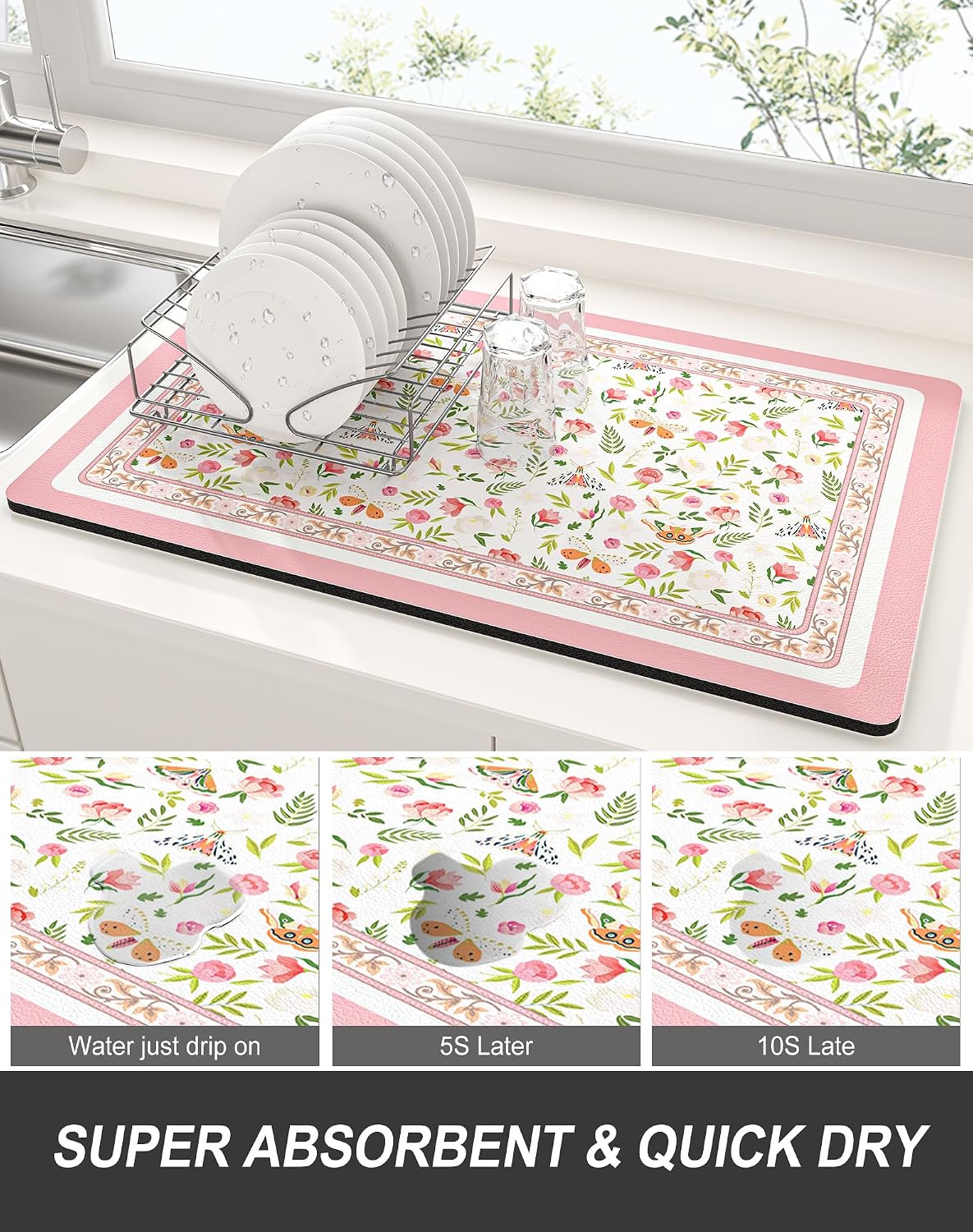 Dish Drying Mat for Kitchen Counter, 12 x 19" Cute Flower Theme Super Absorbent Draining Pad, Non-Slip Heat Resistant Coffee Bar Mats for Coffee Machine Station Accessories, Pink Dish Rack Pad