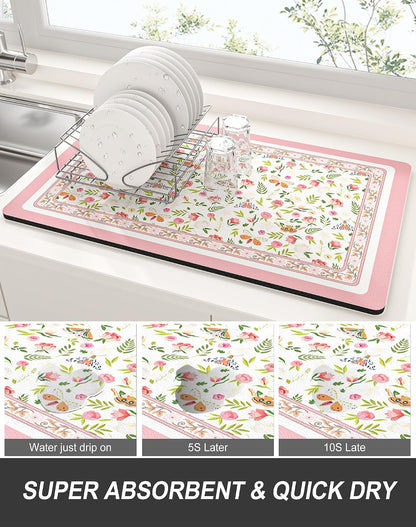 Dish Drying Mat for Kitchen Counter, 12 x 19" Cute Flower Theme Super Absorbent Draining Pad, Non-Slip Heat Resistant Coffee Bar Mats for Coffee Machine Station Accessories, Pink Dish Rack Pad