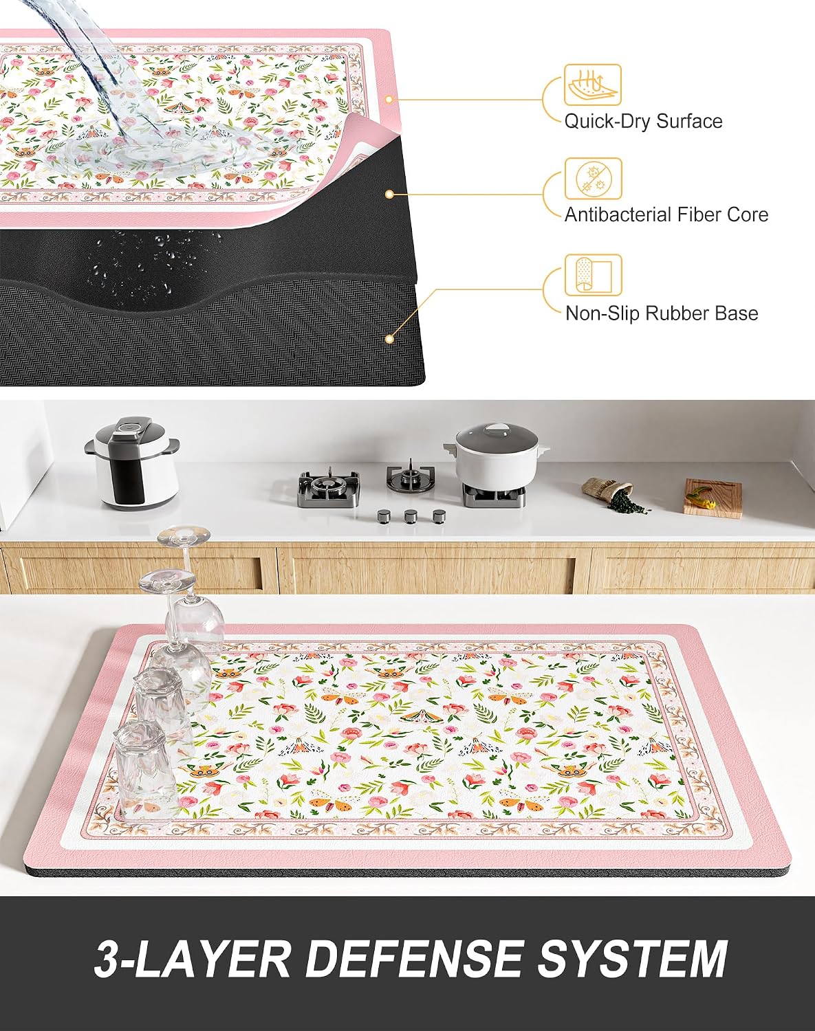 Dish Drying Mat for Kitchen Counter, 12 x 19" Cute Flower Theme Super Absorbent Draining Pad, Non-Slip Heat Resistant Coffee Bar Mats for Coffee Machine Station Accessories, Pink Dish Rack Pad