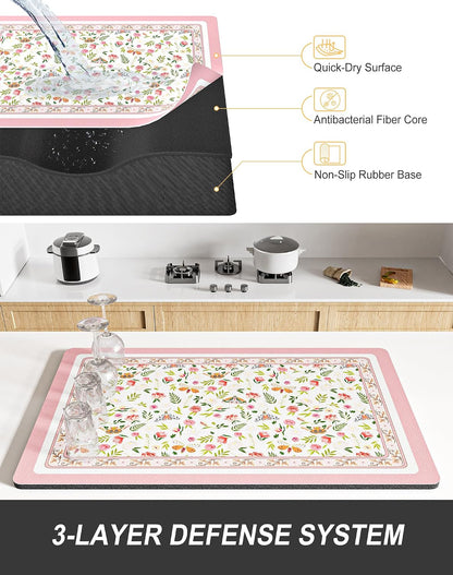 Dish Drying Mat for Kitchen Counter, 12 x 19" Cute Flower Theme Super Absorbent Draining Pad, Non-Slip Heat Resistant Coffee Bar Mats for Coffee Machine Station Accessories, Pink Dish Rack Pad