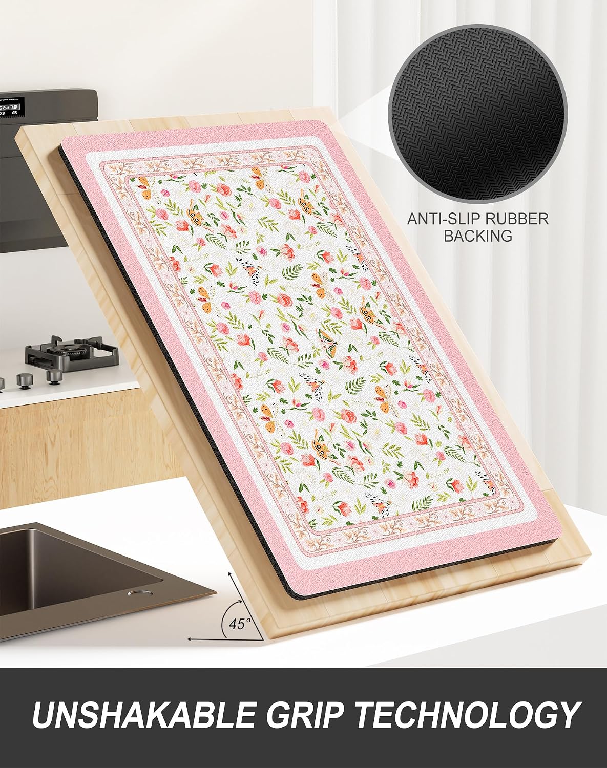 Dish Drying Mat for Kitchen Counter, 12 x 19" Cute Flower Theme Super Absorbent Draining Pad, Non-Slip Heat Resistant Coffee Bar Mats for Coffee Machine Station Accessories, Pink Dish Rack Pad