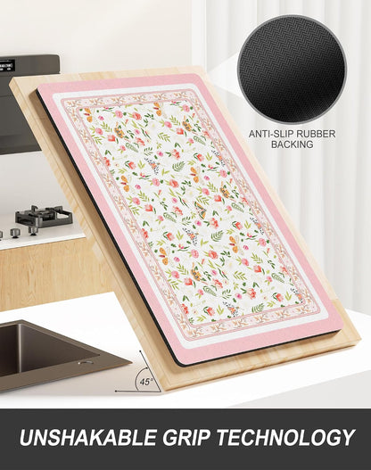 Dish Drying Mat for Kitchen Counter, 12 x 19" Cute Flower Theme Super Absorbent Draining Pad, Non-Slip Heat Resistant Coffee Bar Mats for Coffee Machine Station Accessories, Pink Dish Rack Pad