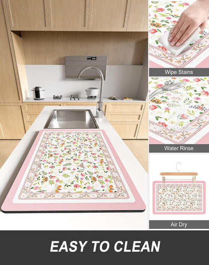Dish Drying Mat for Kitchen Counter, 12 x 19" Cute Flower Theme Super Absorbent Draining Pad, Non-Slip Heat Resistant Coffee Bar Mats for Coffee Machine Station Accessories, Pink Dish Rack Pad