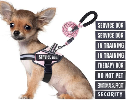 Service Dog Vest Harness and Leash Set, in Training Dog Harness with 10 Dog Patches, Reflective Dog Leash with Soft Padded Handle for Small, Medium, Large, and Extra-Large Dogs(Pink,S)