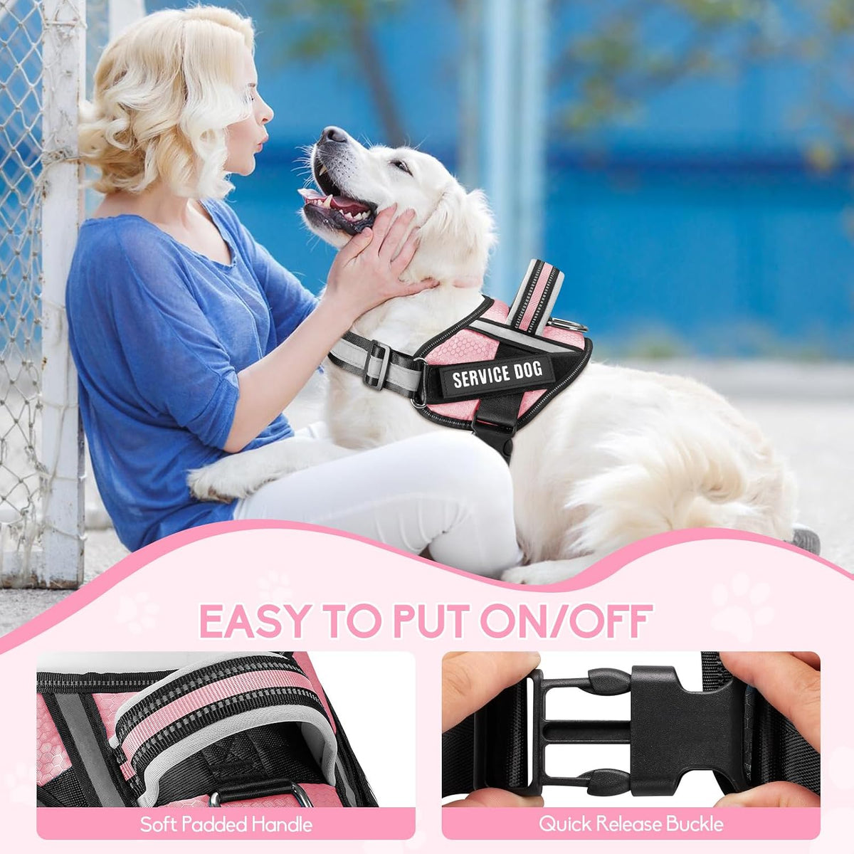 Service Dog Vest Harness and Leash Set, in Training Dog Harness with 10 Dog Patches, Reflective Dog Leash with Soft Padded Handle for Small, Medium, Large, and Extra-Large Dogs(Pink,S)