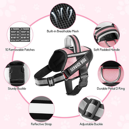 Service Dog Vest Harness and Leash Set, in Training Dog Harness with 10 Dog Patches, Reflective Dog Leash with Soft Padded Handle for Small, Medium, Large, and Extra-Large Dogs(Pink,S)