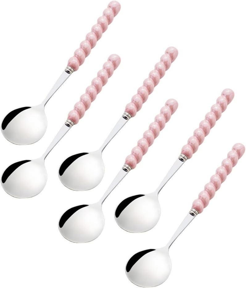 (6 Pieces) 7.48 Inch Exquisite Ceramic Spoon Household Stainless Steel Eating and Drinking Soup Spoon Coffee Spoon Tea Spoon (Pink)
