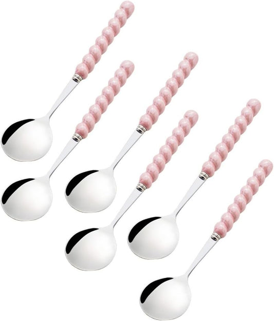 (6 Pieces) 7.48 Inch Exquisite Ceramic Spoon Household Stainless Steel Eating and Drinking Soup Spoon Coffee Spoon Tea Spoon (Pink)