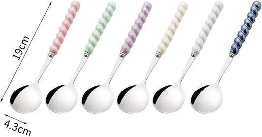 (6 Pieces) 7.48 Inch Exquisite Ceramic Spoon Household Stainless Steel Eating and Drinking Soup Spoon Coffee Spoon Tea Spoon (Pink)
