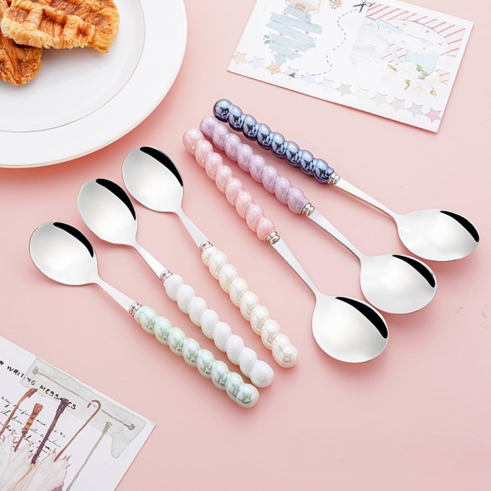 (6 Pieces) 7.48 Inch Exquisite Ceramic Spoon Household Stainless Steel Eating and Drinking Soup Spoon Coffee Spoon Tea Spoon (Pink)