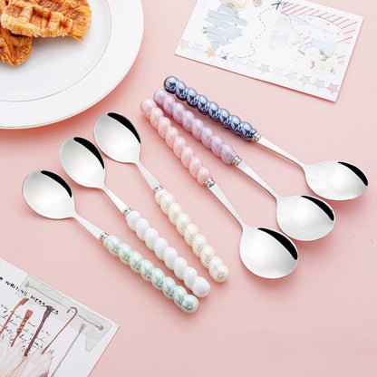 (6 Pieces) 7.48 Inch Exquisite Ceramic Spoon Household Stainless Steel Eating and Drinking Soup Spoon Coffee Spoon Tea Spoon (Pink)