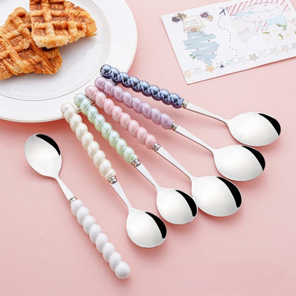 (6 Pieces) 7.48 Inch Exquisite Ceramic Spoon Household Stainless Steel Eating and Drinking Soup Spoon Coffee Spoon Tea Spoon (Pink)