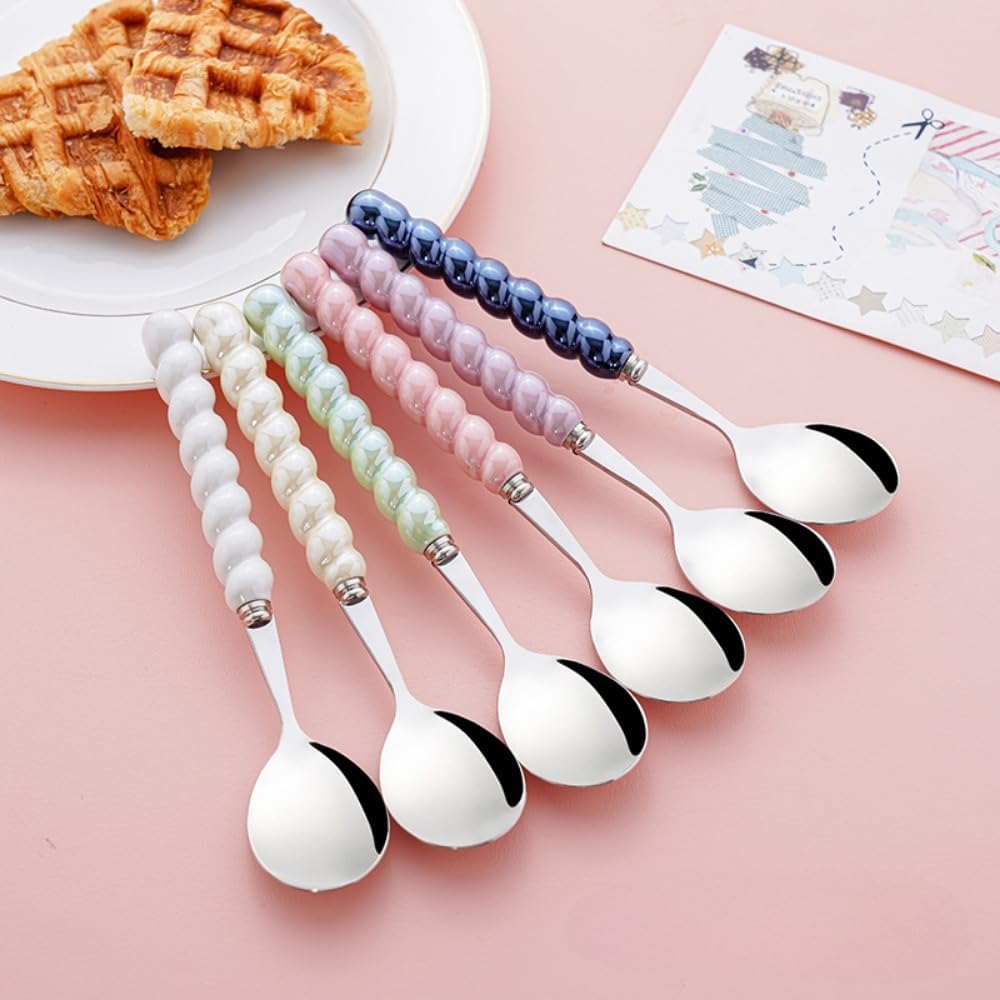 (6 Pieces) 7.48 Inch Exquisite Ceramic Spoon Household Stainless Steel Eating and Drinking Soup Spoon Coffee Spoon Tea Spoon (Pink)