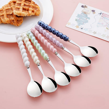 (6 Pieces) 7.48 Inch Exquisite Ceramic Spoon Household Stainless Steel Eating and Drinking Soup Spoon Coffee Spoon Tea Spoon (Pink)