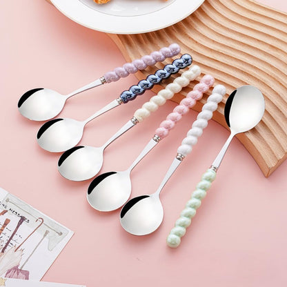 (6 Pieces) 7.48 Inch Exquisite Ceramic Spoon Household Stainless Steel Eating and Drinking Soup Spoon Coffee Spoon Tea Spoon (Pink)