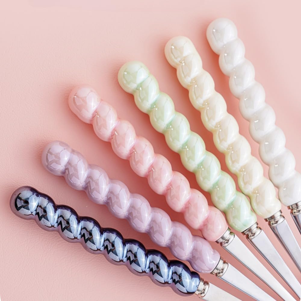 (6 Pieces) 7.48 Inch Exquisite Ceramic Spoon Household Stainless Steel Eating and Drinking Soup Spoon Coffee Spoon Tea Spoon (Pink)