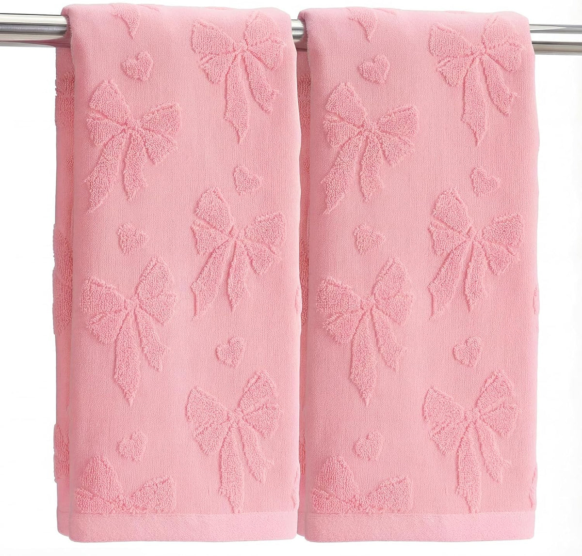 Jacquard Hand Towels, 2 Pack, Cotton, for Bathroom, Pink Bow