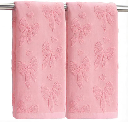 Jacquard Hand Towels, 2 Pack, Cotton, for Bathroom, Pink Bow