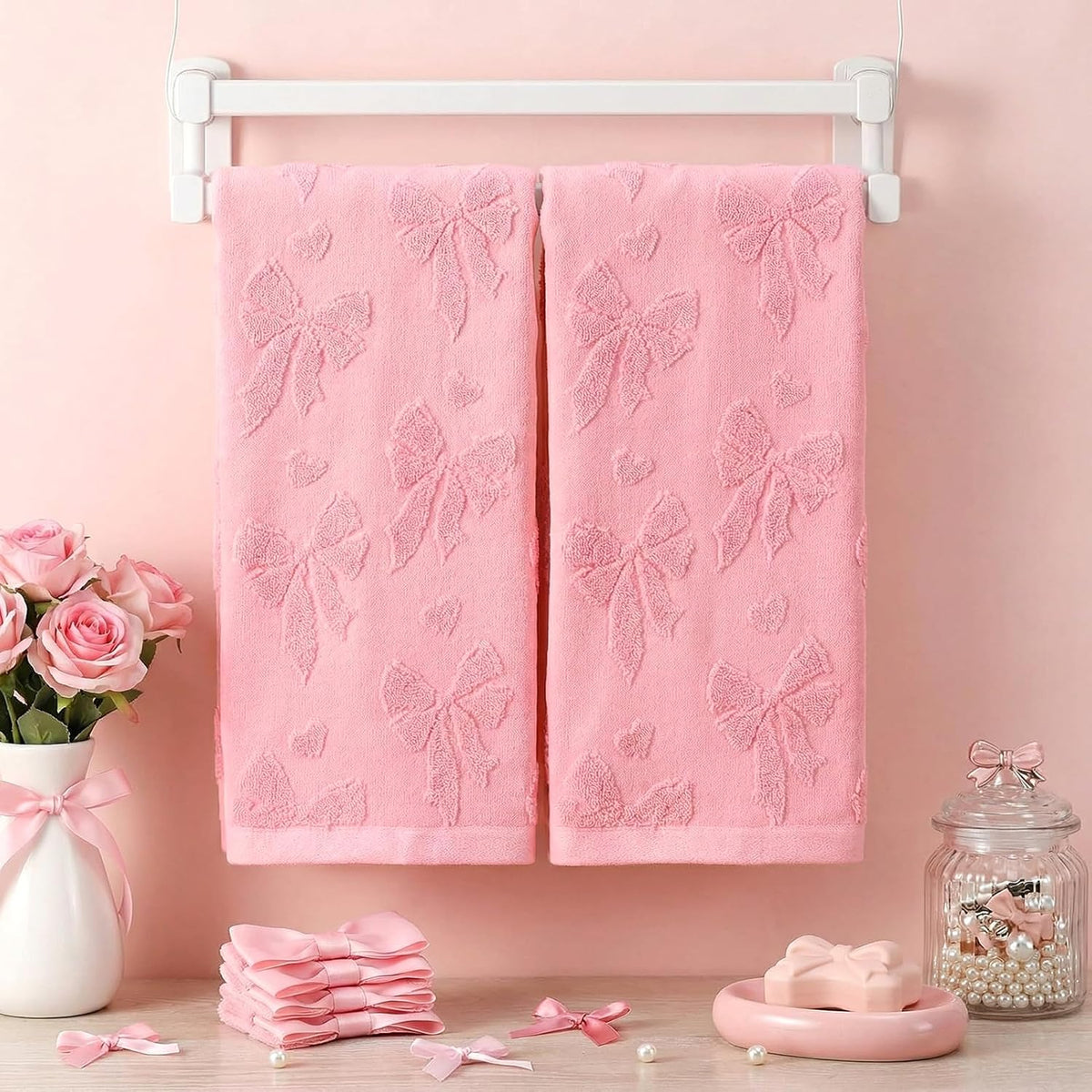 Jacquard Hand Towels, 2 Pack, Cotton, for Bathroom, Pink Bow