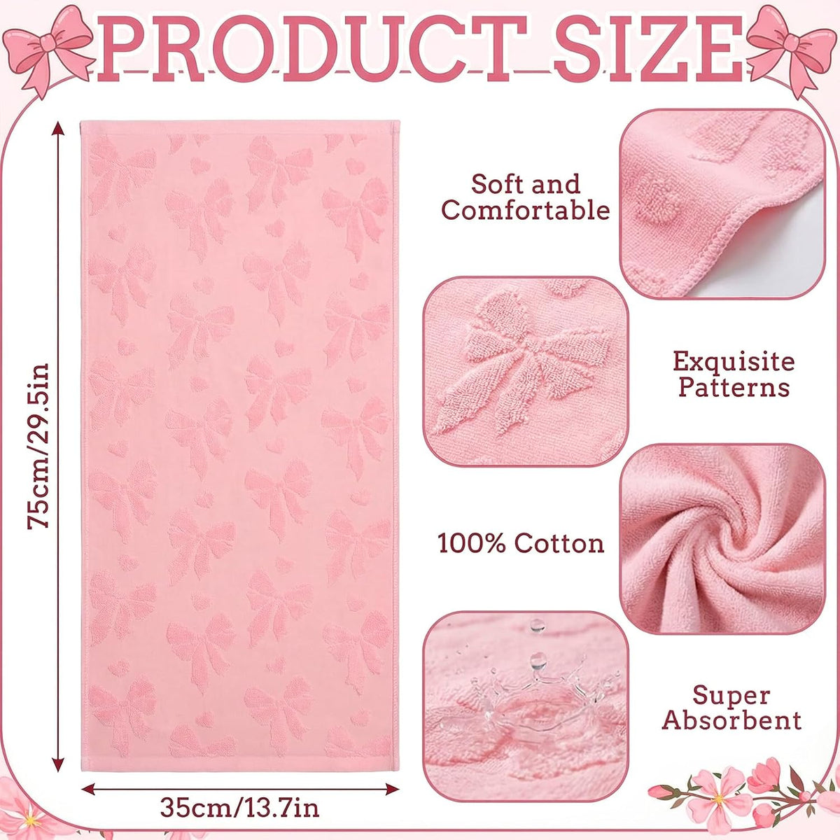 Jacquard Hand Towels, 2 Pack, Cotton, for Bathroom, Pink Bow