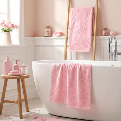 Jacquard Hand Towels, 2 Pack, Cotton, for Bathroom, Pink Bow