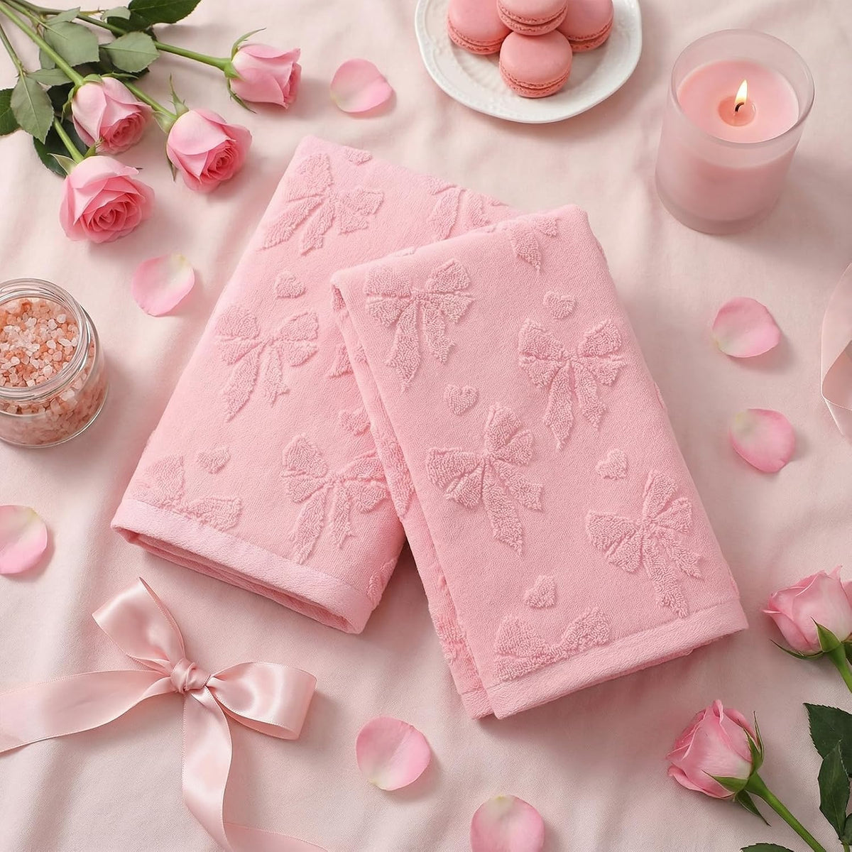 Jacquard Hand Towels, 2 Pack, Cotton, for Bathroom, Pink Bow