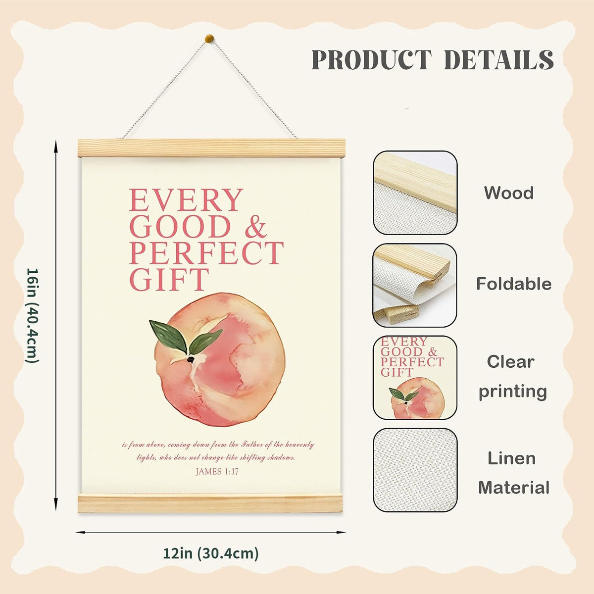 Pink Peach Fruits Wall Art Decor Posters, Cute Pink Peach Christian Room Bathroom Bedroom Dorm Wall Art Decor Aesthetic for College Teen Girls Coquette Gifts, Inspirational Bible Verses Wall Decor, Canvas Hanging Poster Framed 12x16 Inch