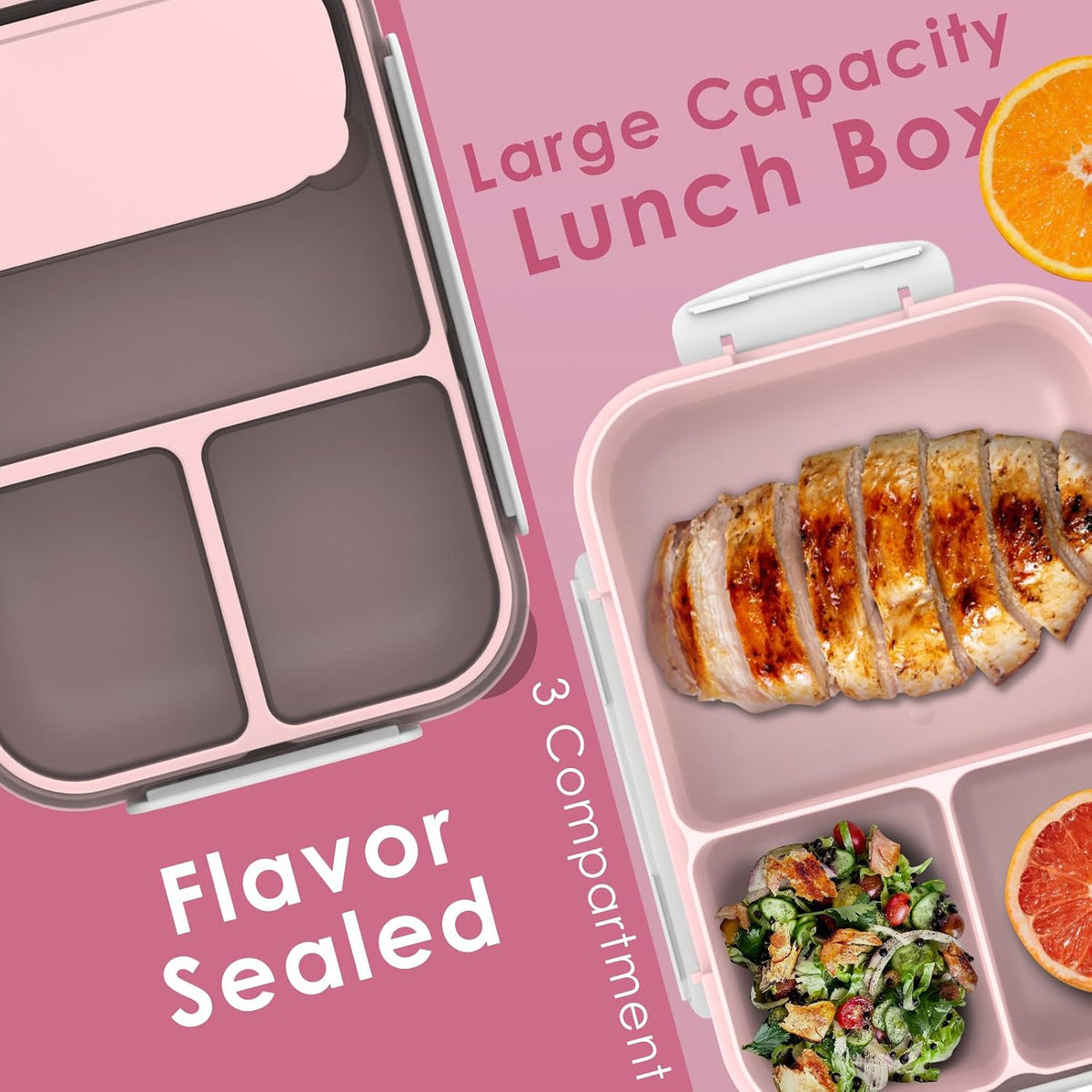 Large Capacity Bento Box for Adult, 1700ML 3 Compartments Lunch Box with Utensil, Airtight Food Container with Lids for Meal Prep, Microwave/Dishwasher/Freezer Safe, On the Go (Pink)