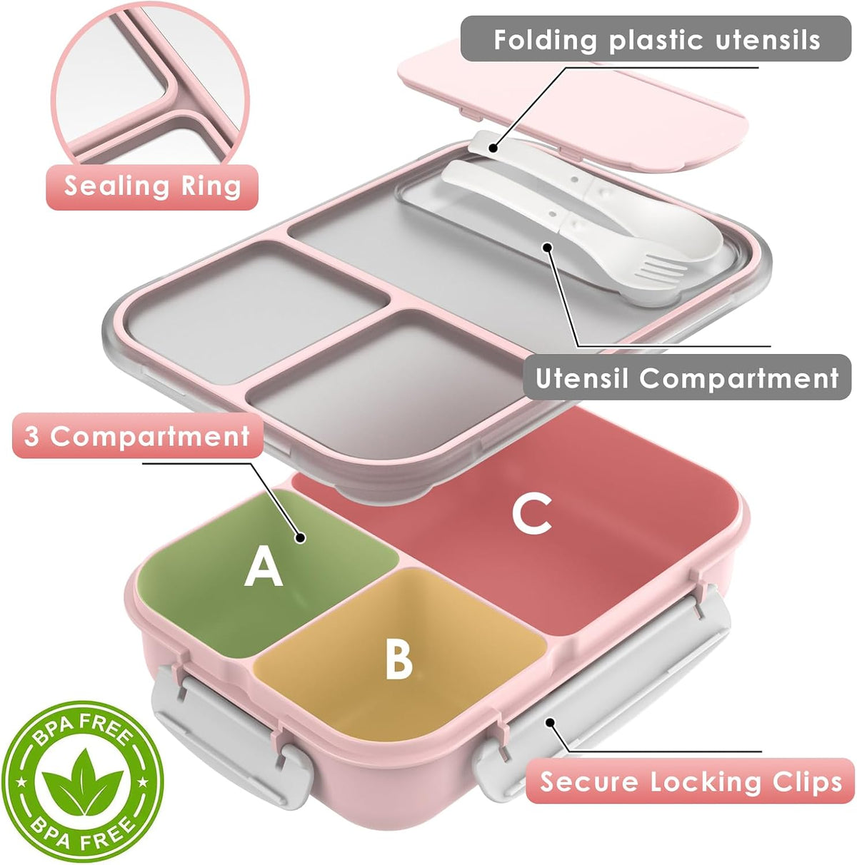 Large Capacity Bento Box for Adult, 1700ML 3 Compartments Lunch Box with Utensil, Airtight Food Container with Lids for Meal Prep, Microwave/Dishwasher/Freezer Safe, On the Go (Pink)