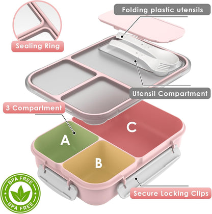 Large Capacity Bento Box for Adult, 1700ML 3 Compartments Lunch Box with Utensil, Airtight Food Container with Lids for Meal Prep, Microwave/Dishwasher/Freezer Safe, On the Go (Pink)