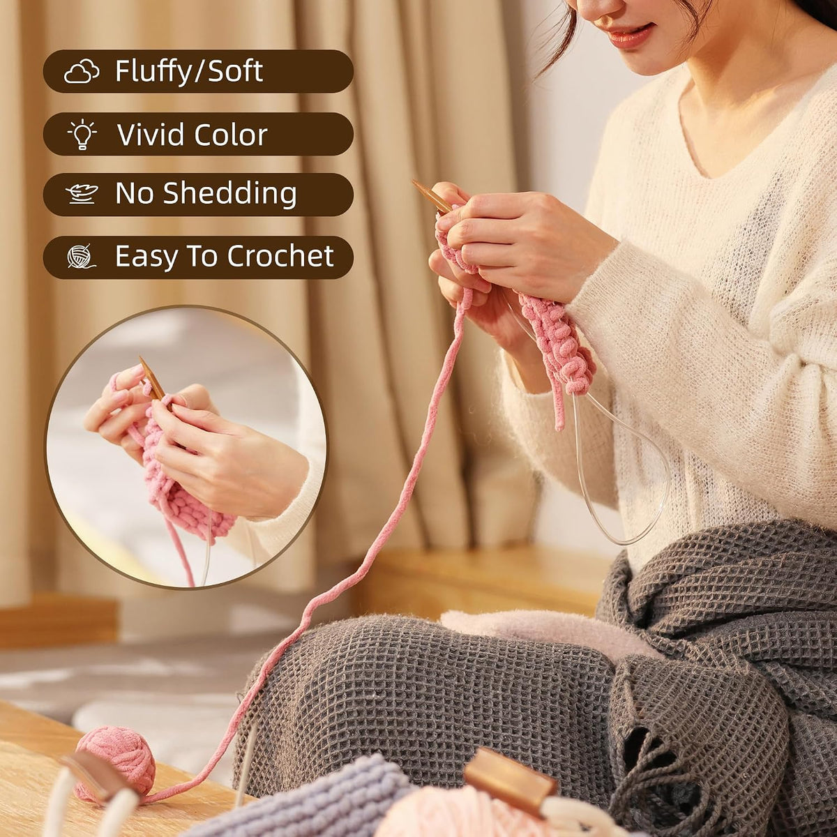 3 Pack Plush Chenille Chunky Yarn for Crocheting 100g(54.6yd) - Bulky Thick Fluffy Yarn for Knitting- Soft Velvet for Baby, Blanket Knitting Blanket Yarns- Amigurumi Yarns (3-Pink)