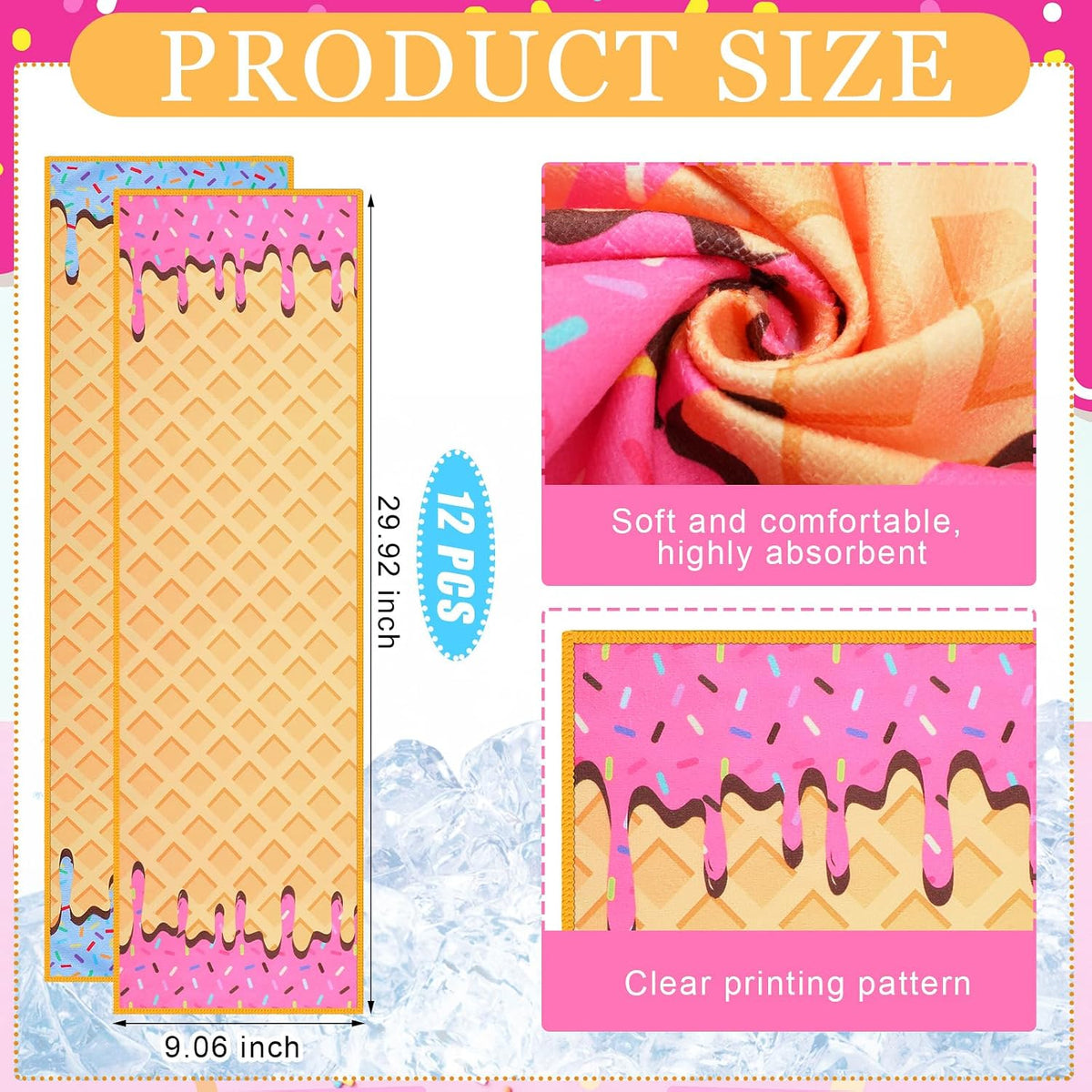 12 Pcs Baseball Ice Cream Drip Cooling Towel Microfiber Absorbent Lightweight Sport Cooling Towel Sweat Sport Rags for Baseball Team Coach Gifts Event Yoga Running Gym (Pink Blue,30 x 9 Inch)