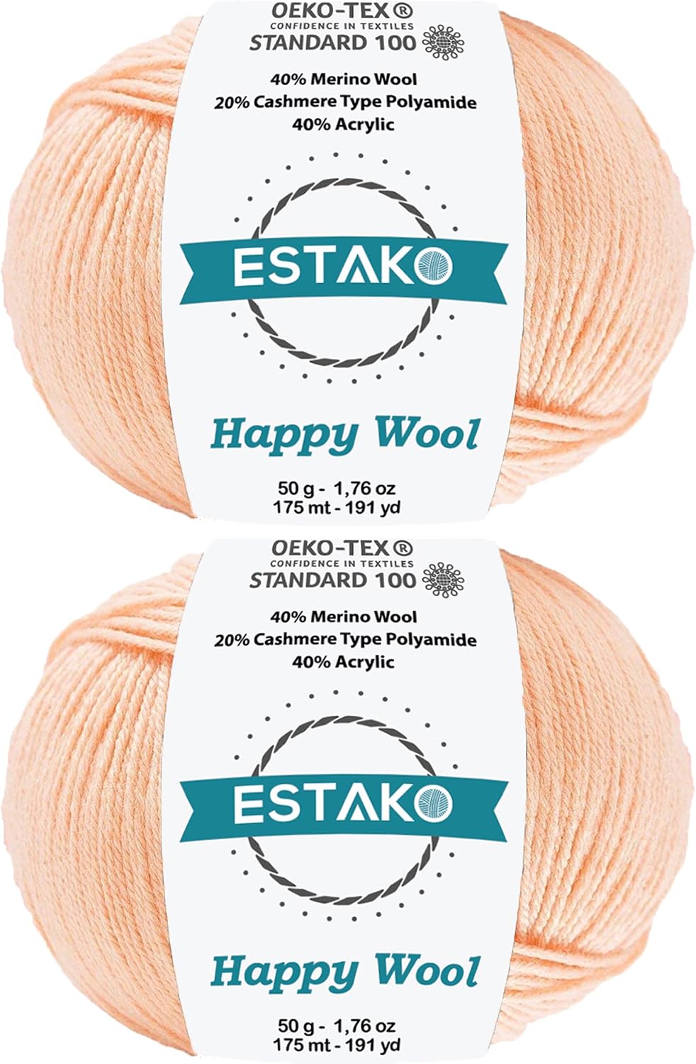 Happy Wool, 40% Merino Wool Blend Fingering Yarn, Peach, 2-Pack