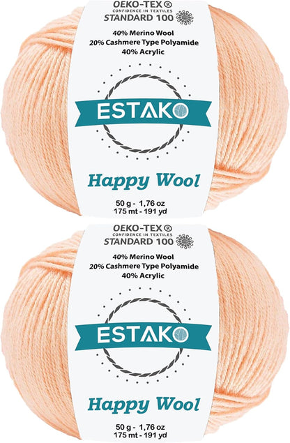 Happy Wool, 40% Merino Wool Blend Fingering Yarn, Peach, 2-Pack