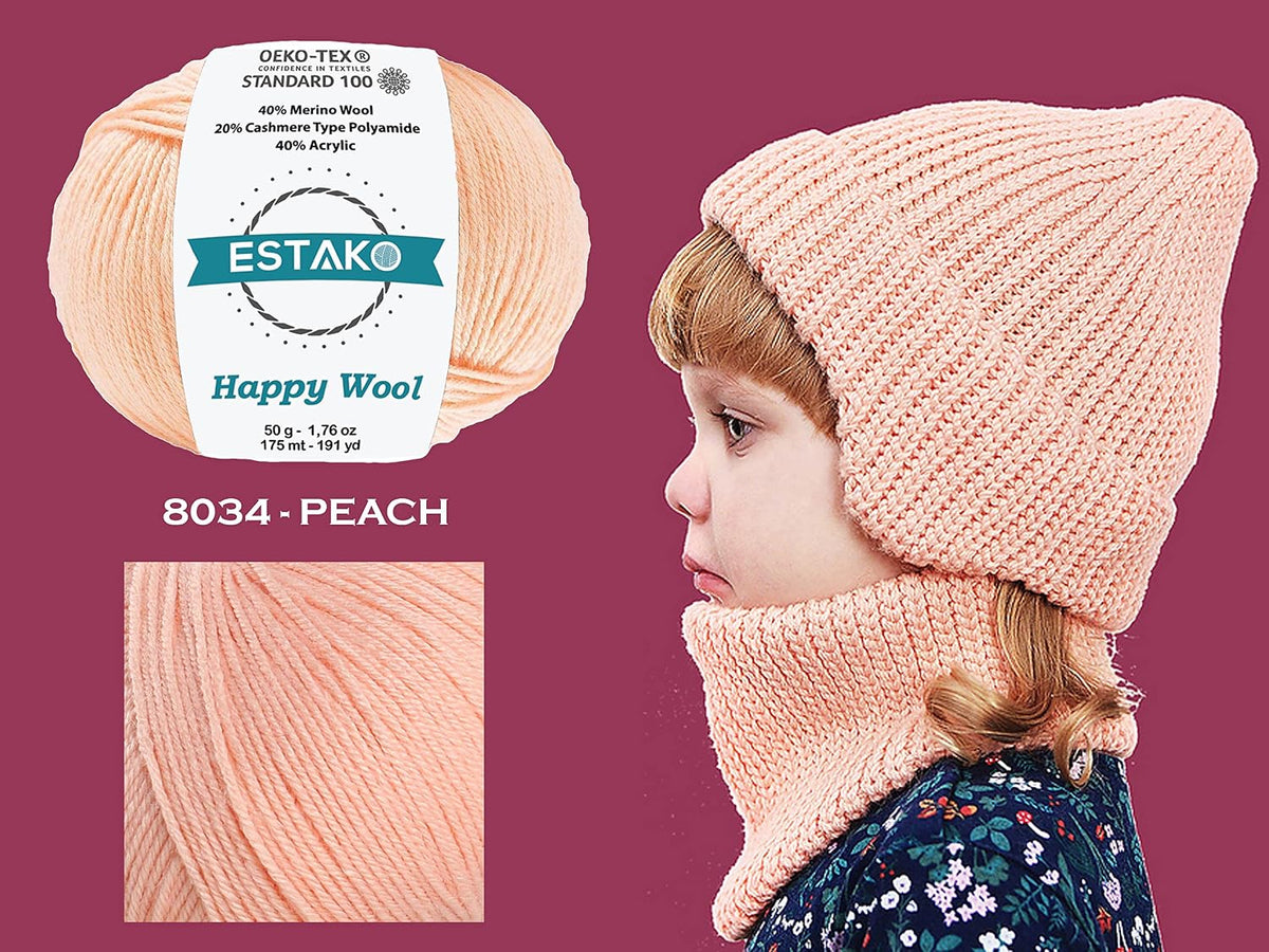 Happy Wool, 40% Merino Wool Blend Fingering Yarn, Peach, 2-Pack