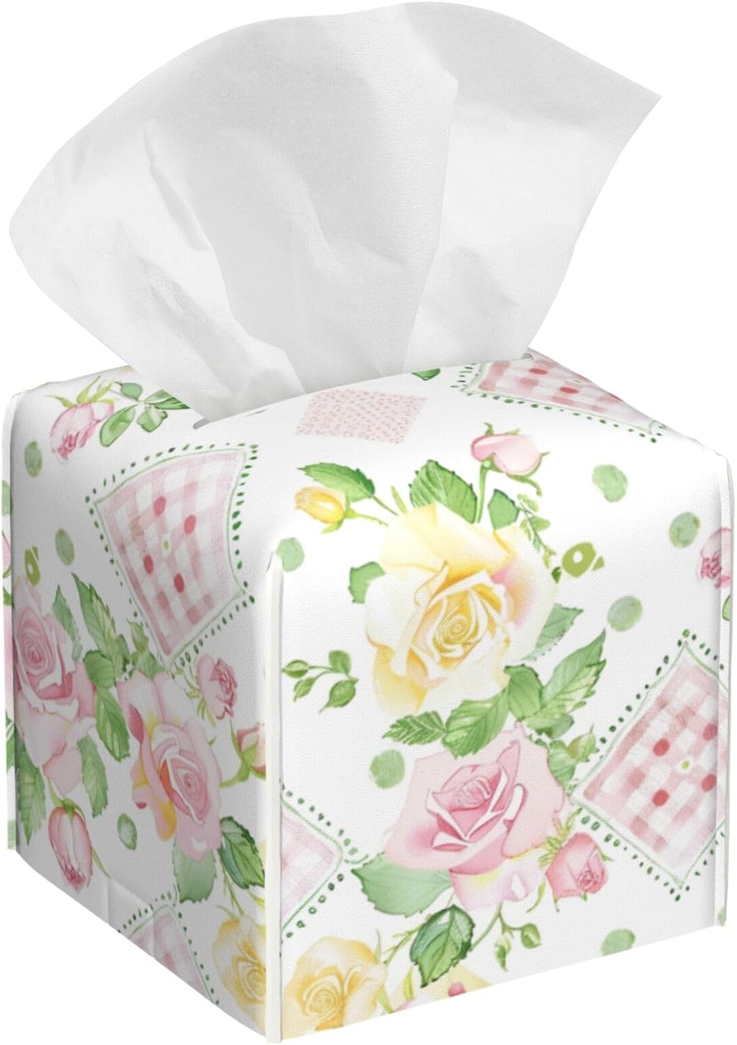 Pink Yellow Roses Gingham Tissue Box Cover Leather Decorative Square Tissue Cube Boxes Holder with Bottom Belt Case Organizer for Bathroom Home Car Decor
