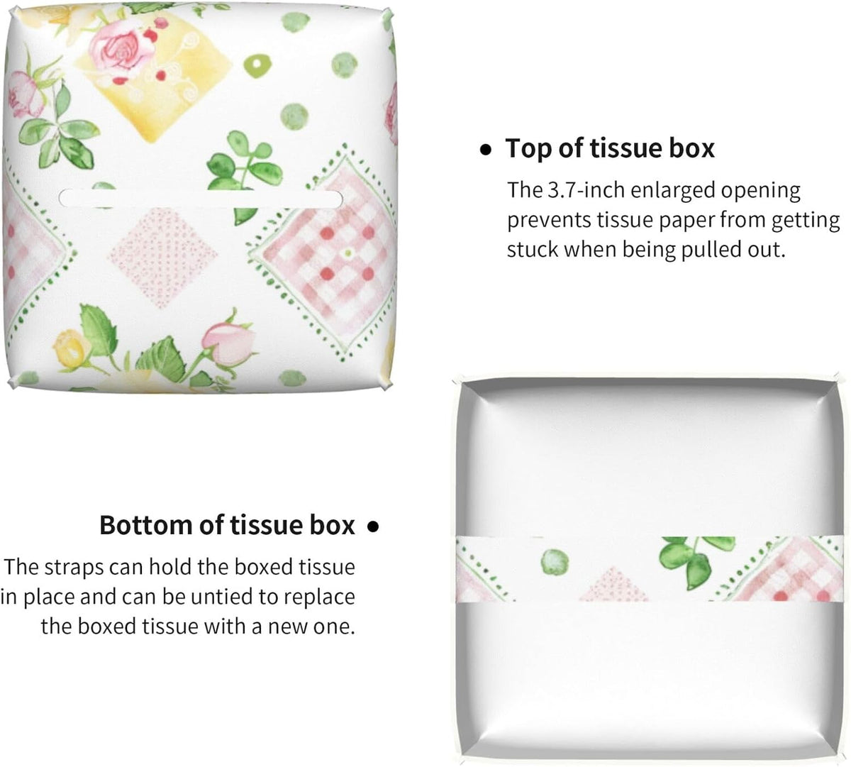 Pink Yellow Roses Gingham Tissue Box Cover Leather Decorative Square Tissue Cube Boxes Holder with Bottom Belt Case Organizer for Bathroom Home Car Decor