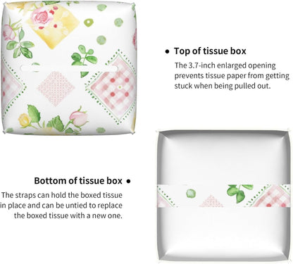 Pink Yellow Roses Gingham Tissue Box Cover Leather Decorative Square Tissue Cube Boxes Holder with Bottom Belt Case Organizer for Bathroom Home Car Decor