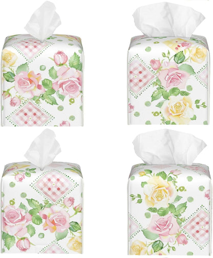 Pink Yellow Roses Gingham Tissue Box Cover Leather Decorative Square Tissue Cube Boxes Holder with Bottom Belt Case Organizer for Bathroom Home Car Decor