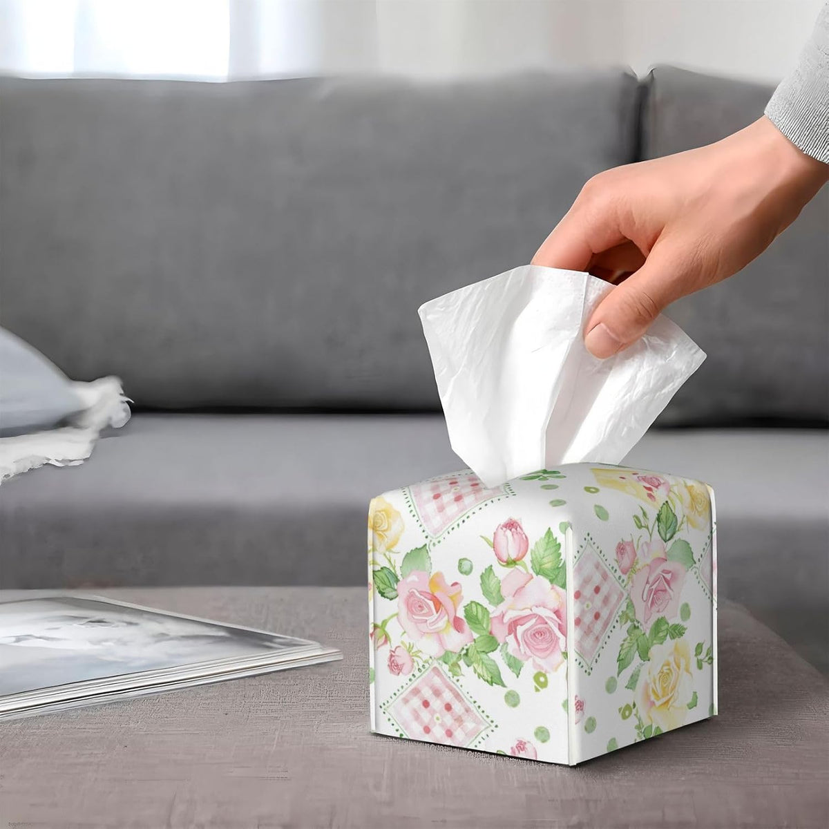 Pink Yellow Roses Gingham Tissue Box Cover Leather Decorative Square Tissue Cube Boxes Holder with Bottom Belt Case Organizer for Bathroom Home Car Decor