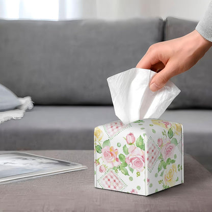 Pink Yellow Roses Gingham Tissue Box Cover Leather Decorative Square Tissue Cube Boxes Holder with Bottom Belt Case Organizer for Bathroom Home Car Decor