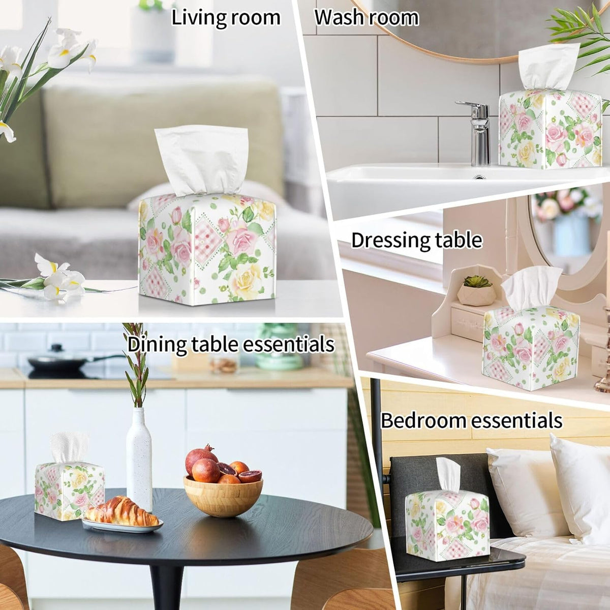 Pink Yellow Roses Gingham Tissue Box Cover Leather Decorative Square Tissue Cube Boxes Holder with Bottom Belt Case Organizer for Bathroom Home Car Decor