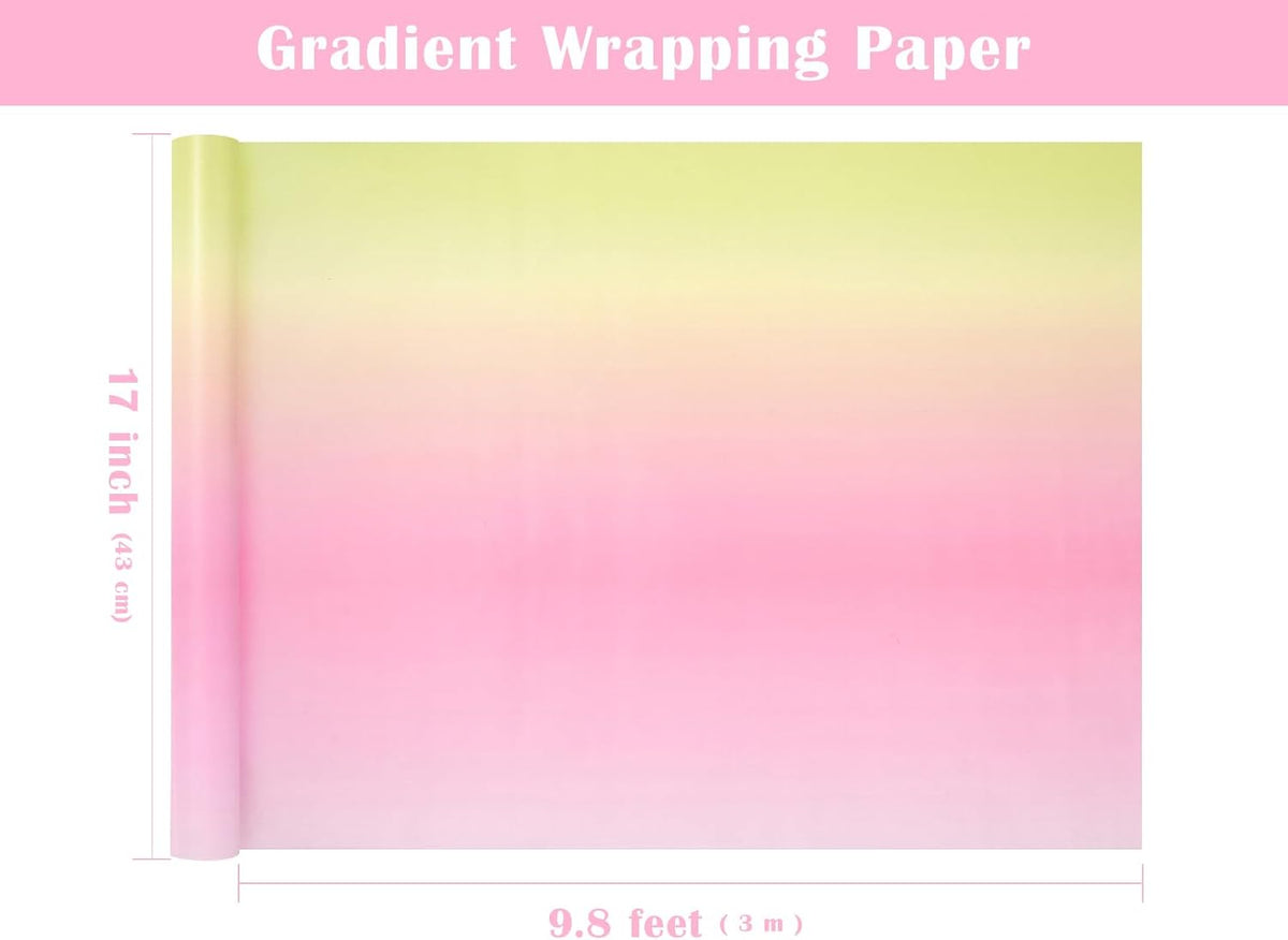 Gradient Birthday Wrapping Paper Roll - Mini Roll - 17 Inch x 10 Feet - Light Pink - Yellow Wrapping Paper Perfect for Girls Boys Kids Birthday, Wedding, Holiday, Baby Shower Packing