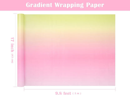 Gradient Birthday Wrapping Paper Roll - Mini Roll - 17 Inch x 10 Feet - Light Pink - Yellow Wrapping Paper Perfect for Girls Boys Kids Birthday, Wedding, Holiday, Baby Shower Packing