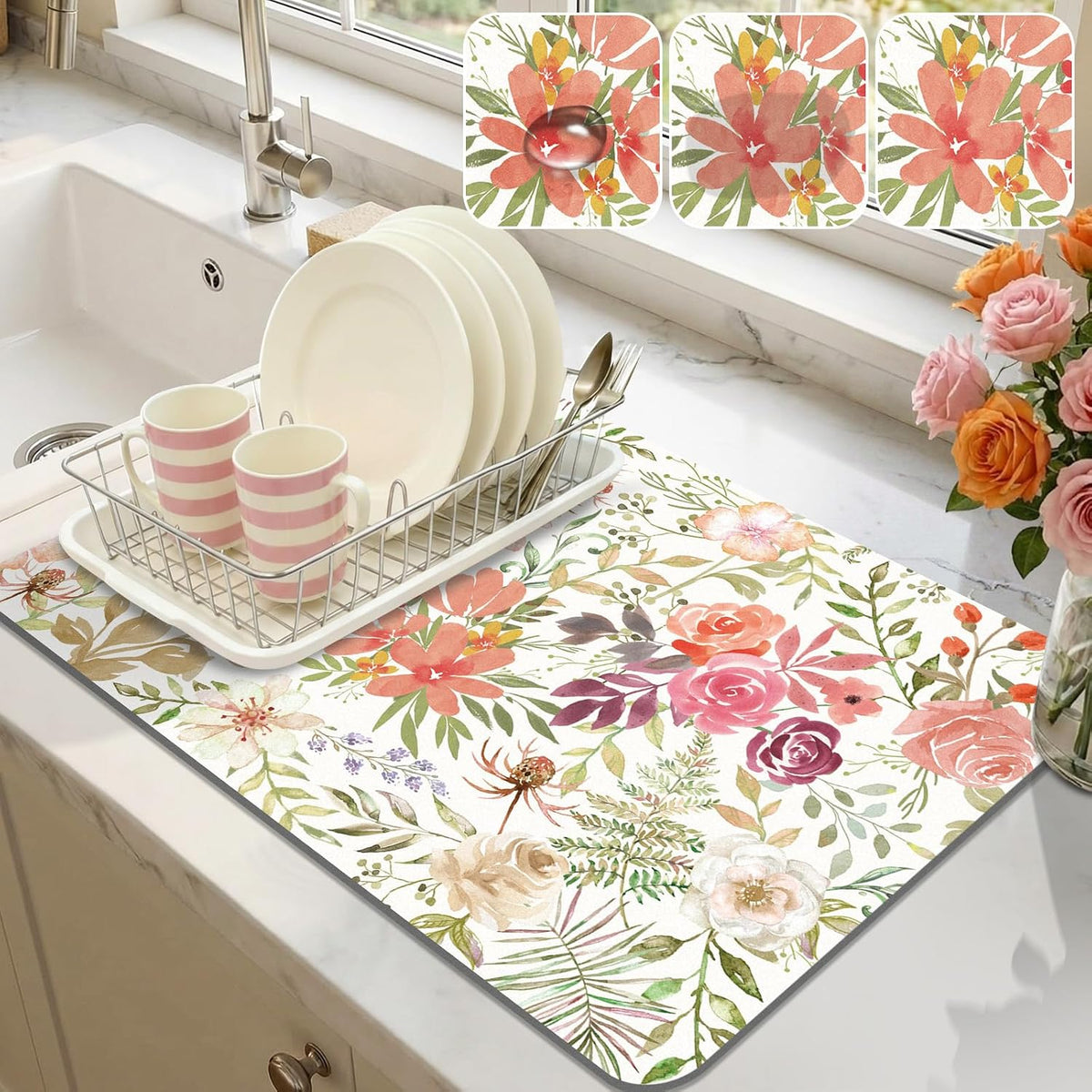 12"x20" Dish Drying Mat，Pink Floral Coffee Mat