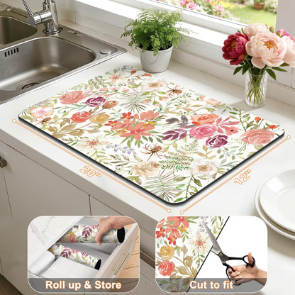 12"x20" Dish Drying Mat，Pink Floral Coffee Mat