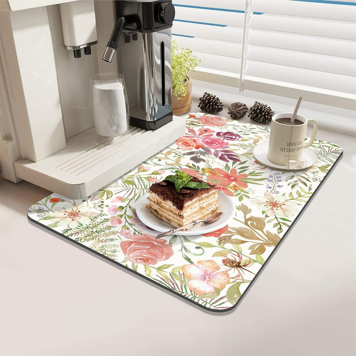 12"x20" Dish Drying Mat，Pink Floral Coffee Mat