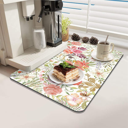 12"x20" Dish Drying Mat，Pink Floral Coffee Mat