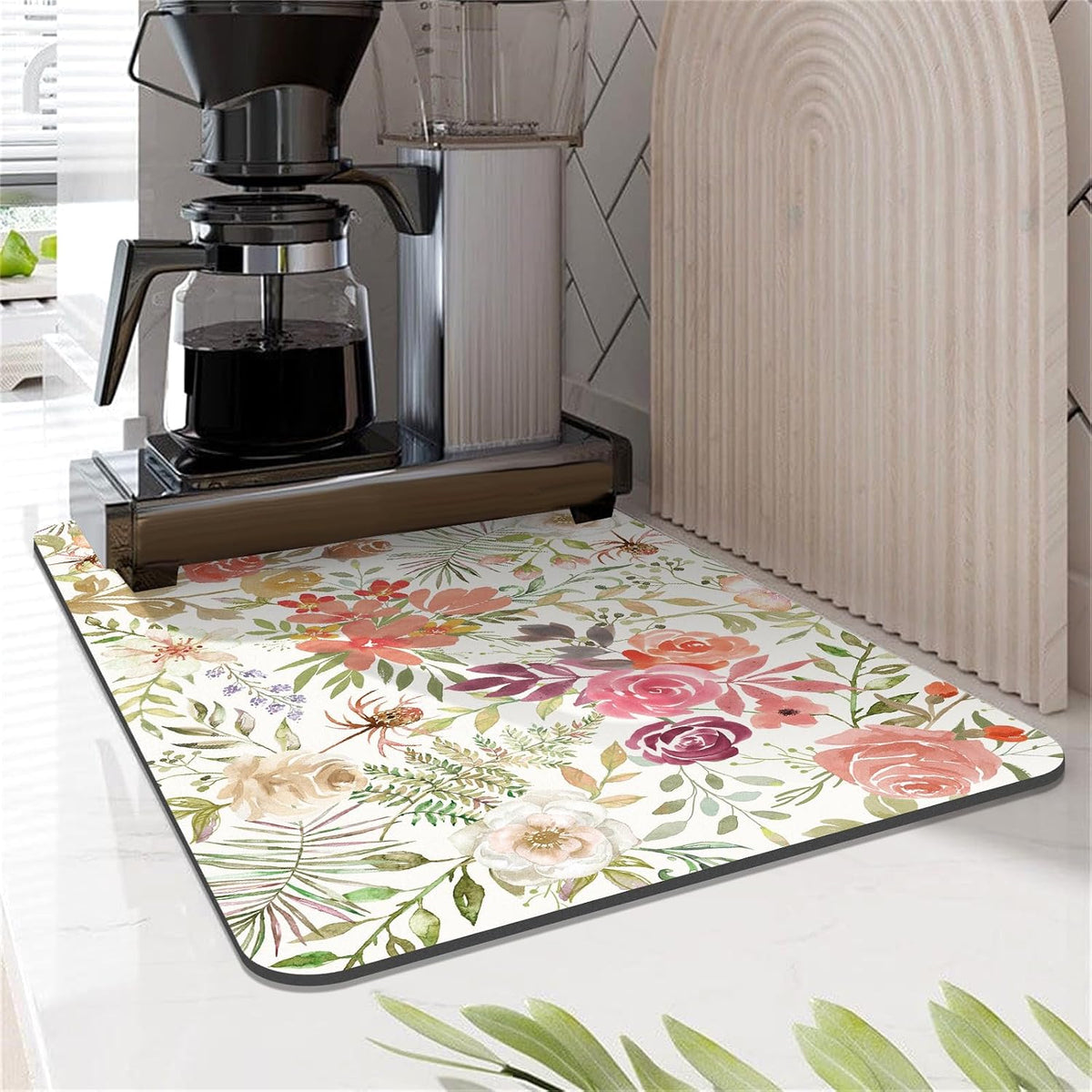 12"x20" Dish Drying Mat，Pink Floral Coffee Mat